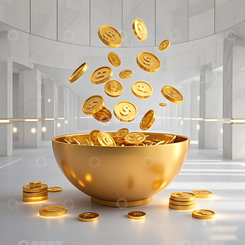 高清大图下载【趣麦麦图】金色碗与洒落的金币节日财运象征