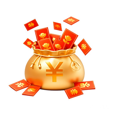 元宝与红包装饰的财富袋招财进宝