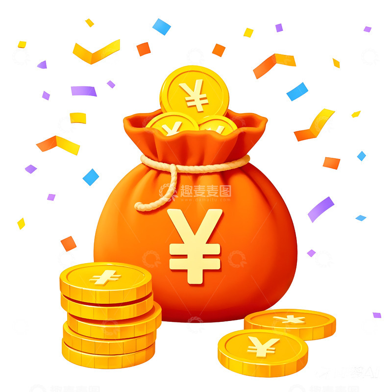 高清大图下载【趣麦麦图】红色财运袋与金币富贵吉祥
