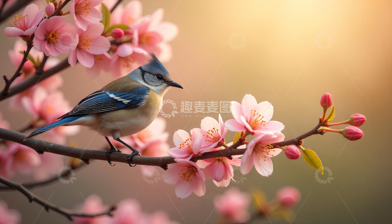 高清大图下载【趣麦麦图】桃花枝梢麻雀