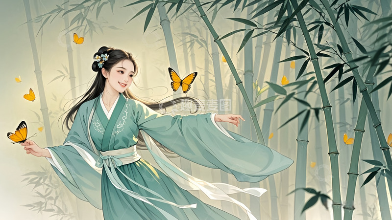 高清大图下载【趣麦麦图】彩蝶少女竹林辉