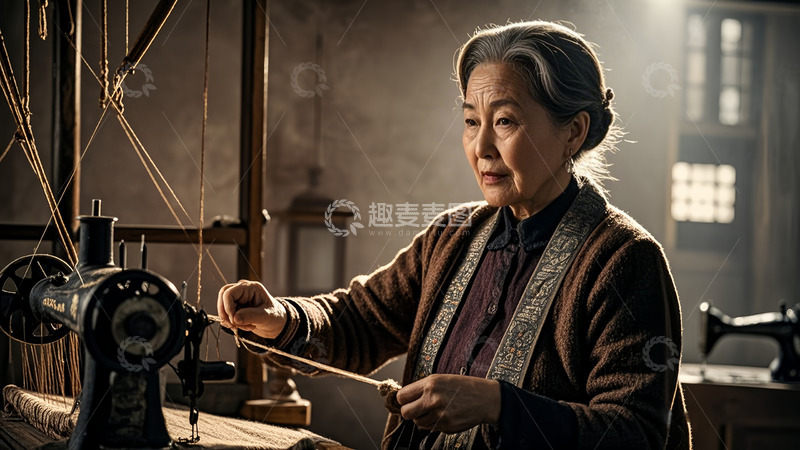 高清大图下载【趣麦麦图】老年手工纺织