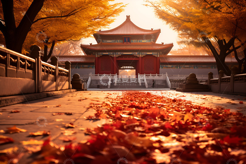 高清大图下载【趣麦麦图】秋季宫殿落叶满地