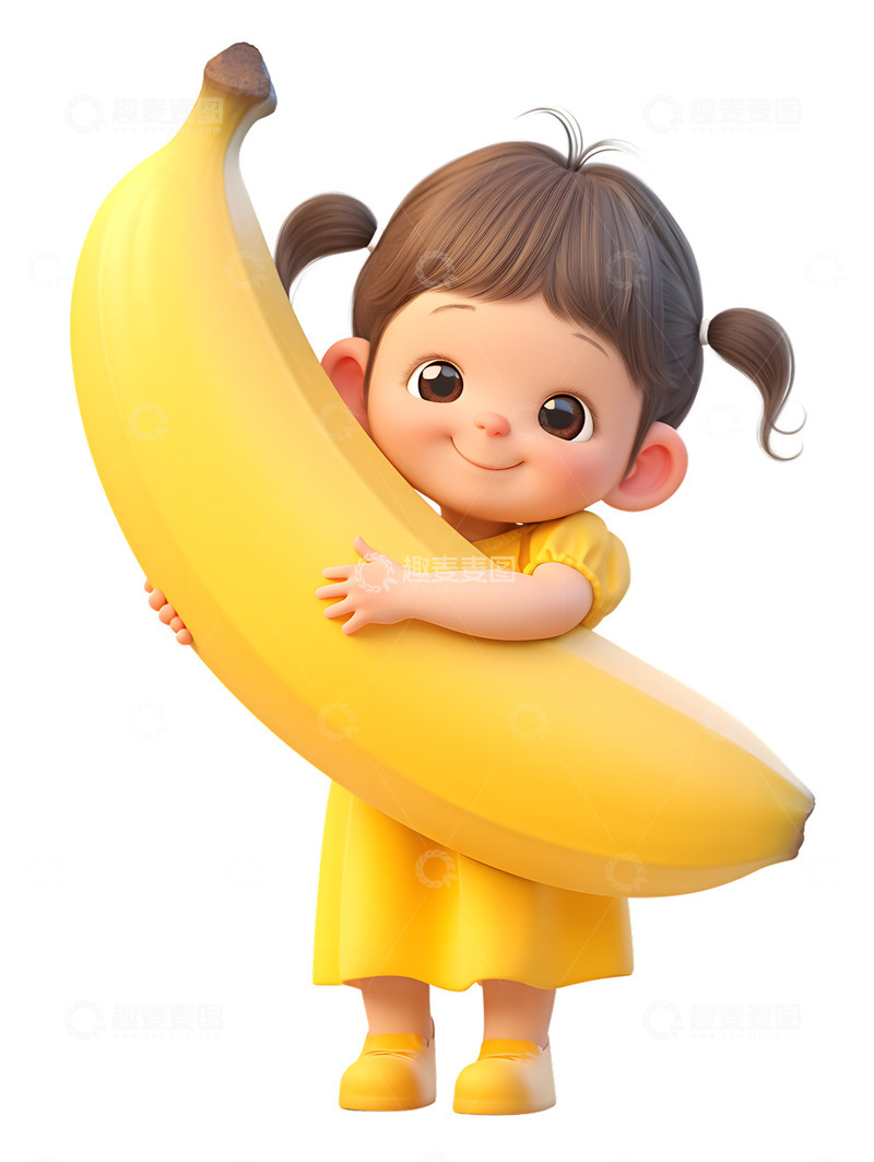 可爱的女孩子抱着大香蕉水果