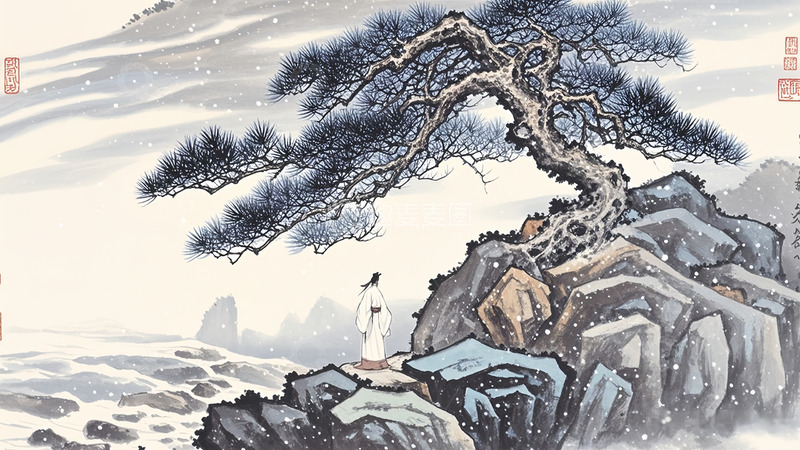 高清大图下载【趣麦麦图】雪松延年图国画