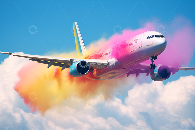 高清大图下载【趣麦麦图】飞机喷出彩色烟雾