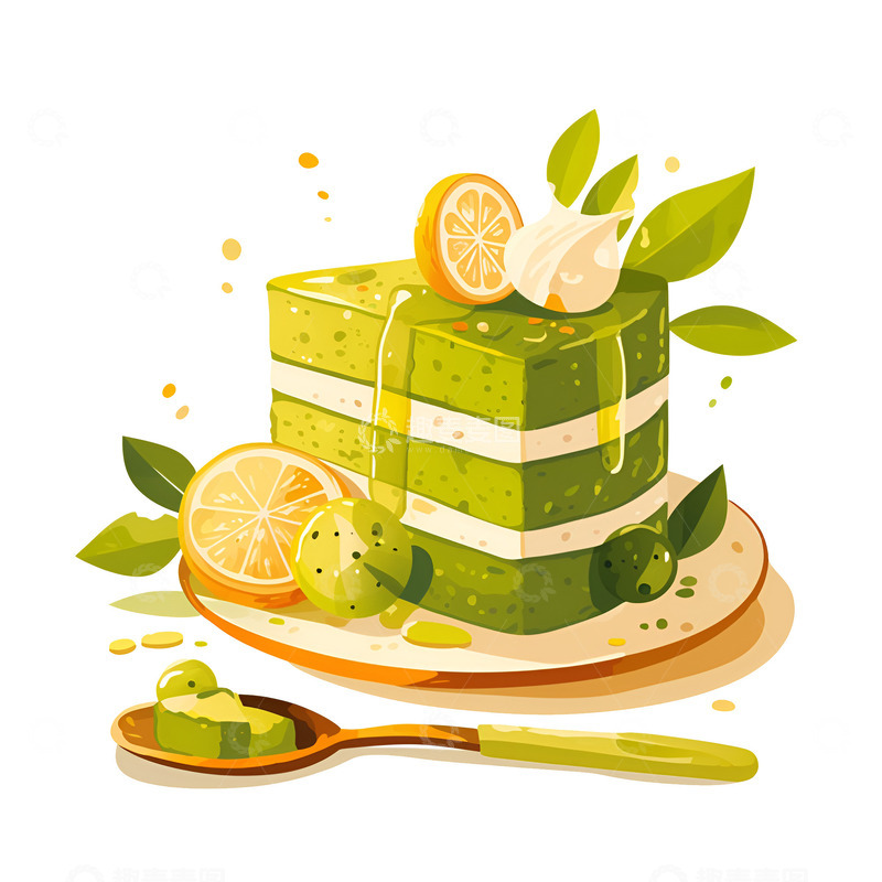 高清大图下载【趣麦麦图】卡通抹茶蜂蜜奶油蛋糕