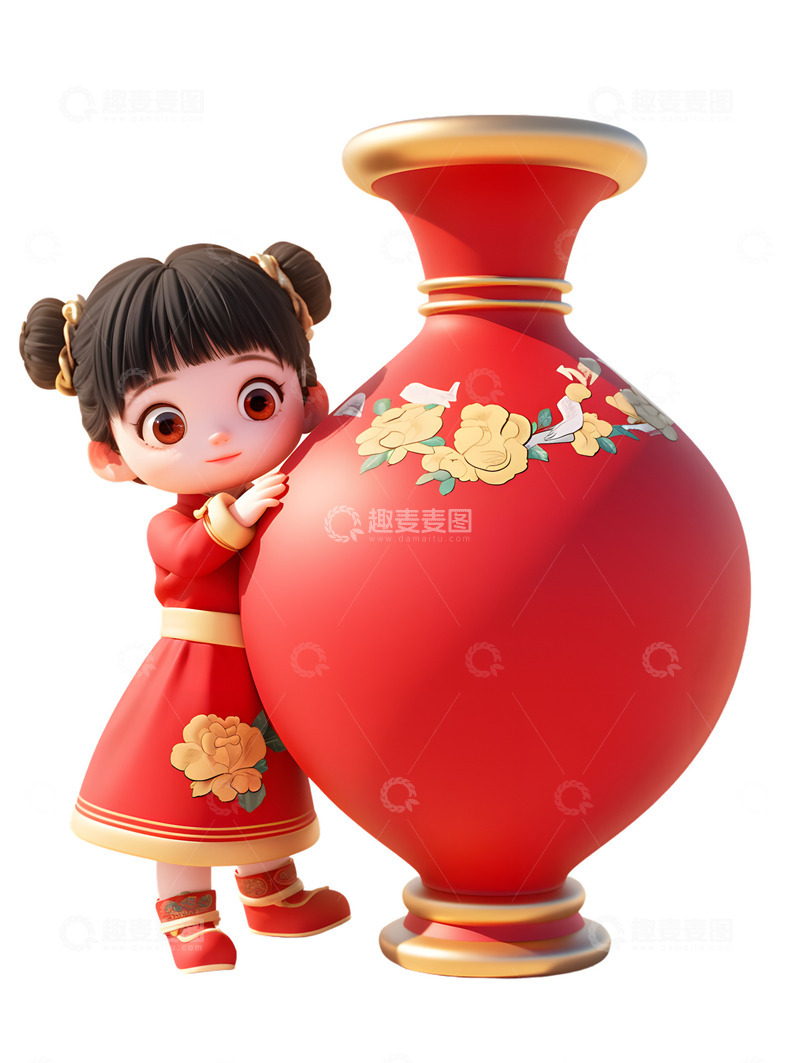 高清大图下载【趣麦麦图】卡通新年女孩抱着大花瓶