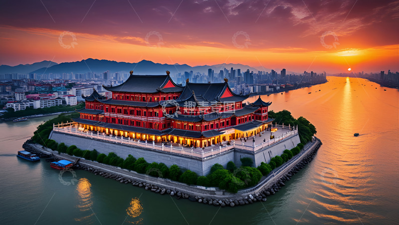 高清大图下载【趣麦麦图】夕阳西下的风景水面