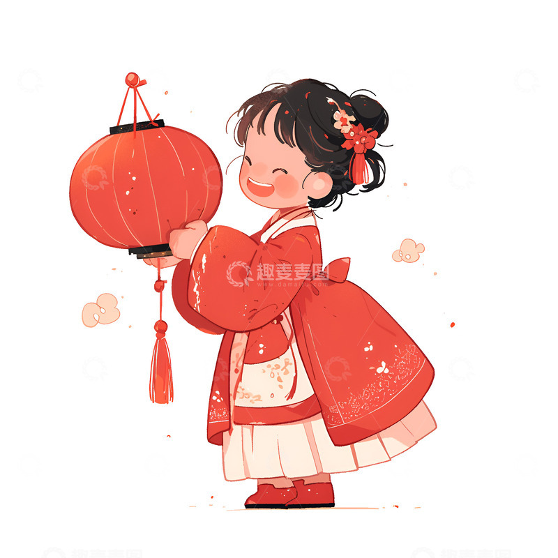 高清大图下载【趣麦麦图】卡通扁平拿着红灯笼的女孩