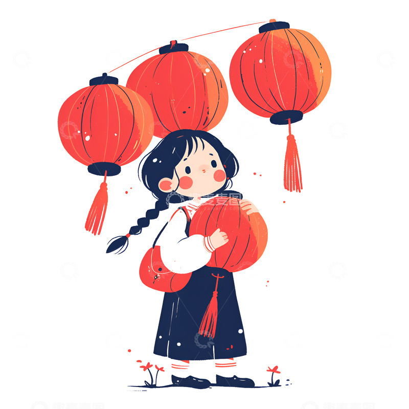高清大图下载【趣麦麦图】卡通简约拿着红灯笼的女孩