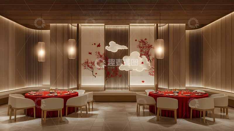 高清大图下载【趣麦麦图】红色主题餐厅的桌椅布局