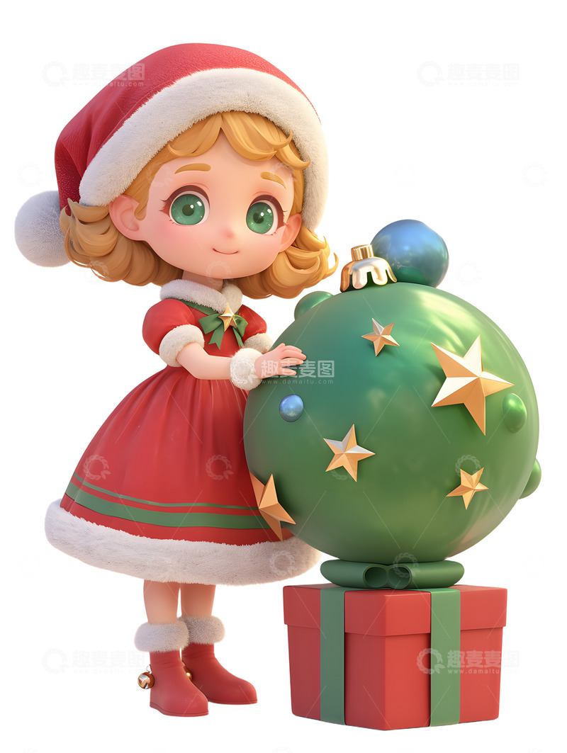 高清大图下载【趣麦麦图】圣诞小女孩拿着礼物