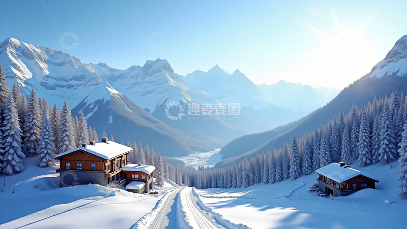 高清大图下载【趣麦麦图】阳光照耀在大山的雪地
