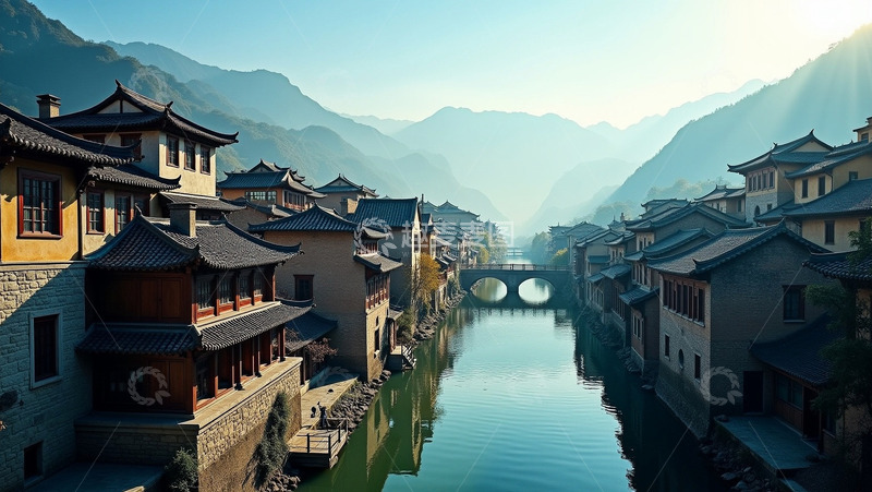 高清大图下载【趣麦麦图】大山边上的美景房子