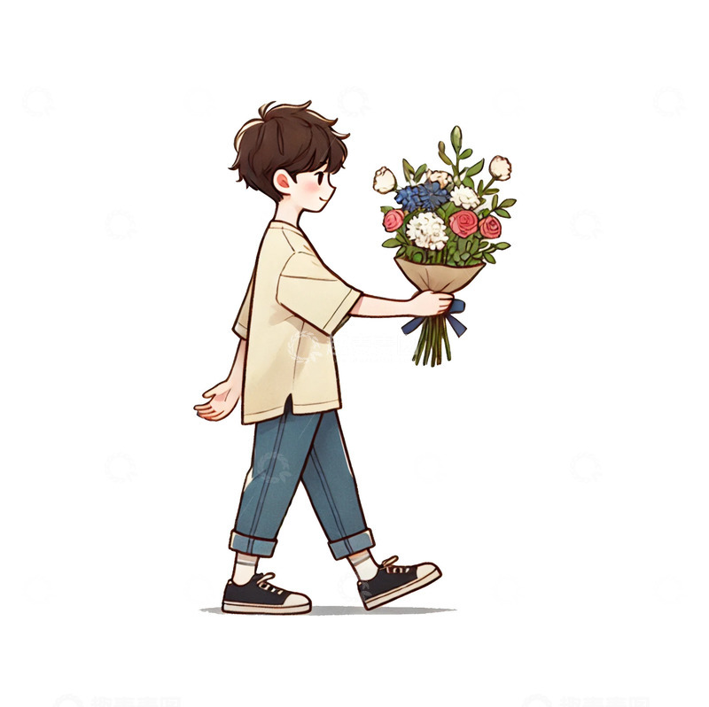 高清大图下载【趣麦麦图】男孩拿着鲜花走向前方