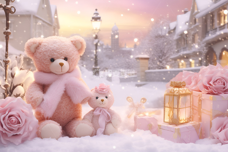 高清大图下载【趣麦麦图】粉色的小熊猫雪地背景