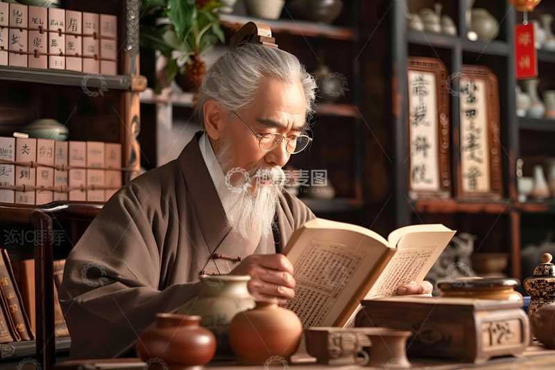 高清大图下载【趣麦麦图】看书的老中医