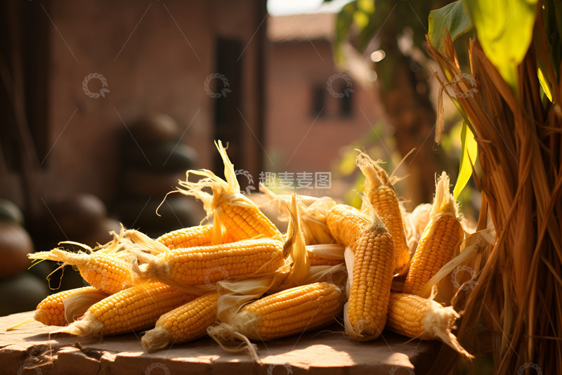 高清大图下载【趣麦麦图】一堆玉米晾晒在户外