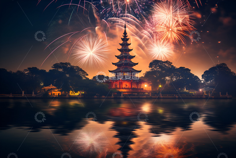 高清大图下载【趣麦麦图】宝塔湖水烟花