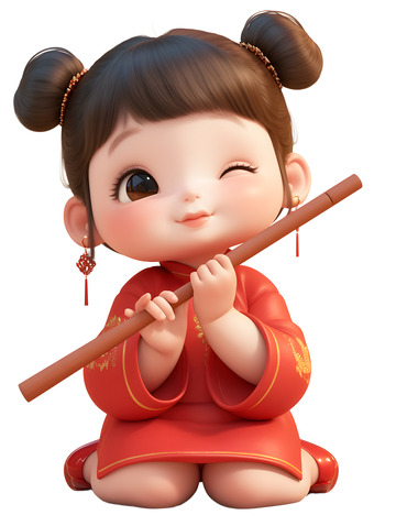 新年演奏笛子的女孩