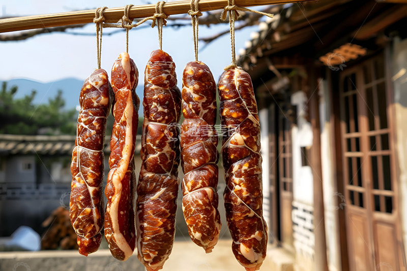 高清大图下载【趣麦麦图】庭院里晾晒的腊肠