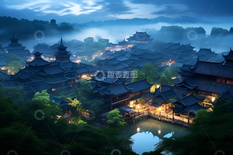 高清大图下载【趣麦麦图】古镇夜晚俯视图