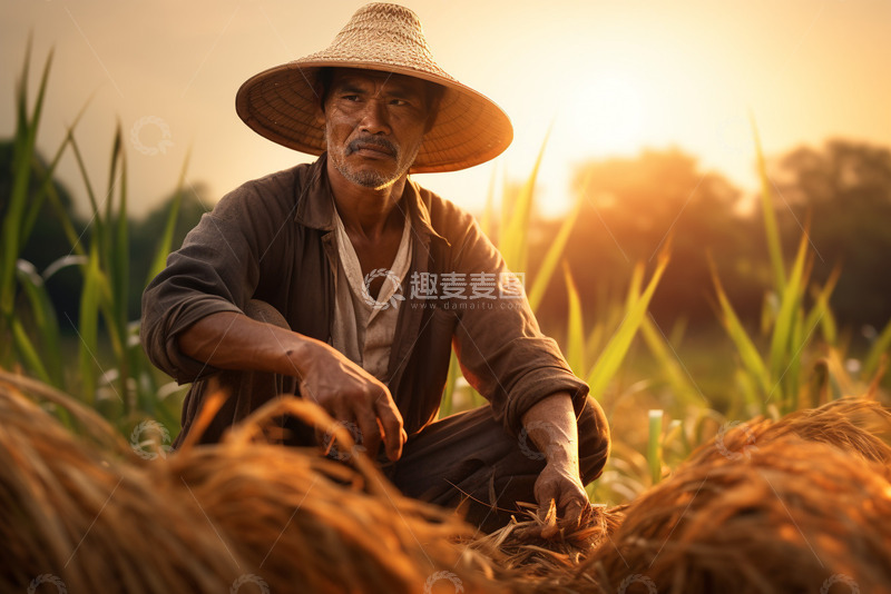 高清大图下载【趣麦麦图】坐在稻田里的农民