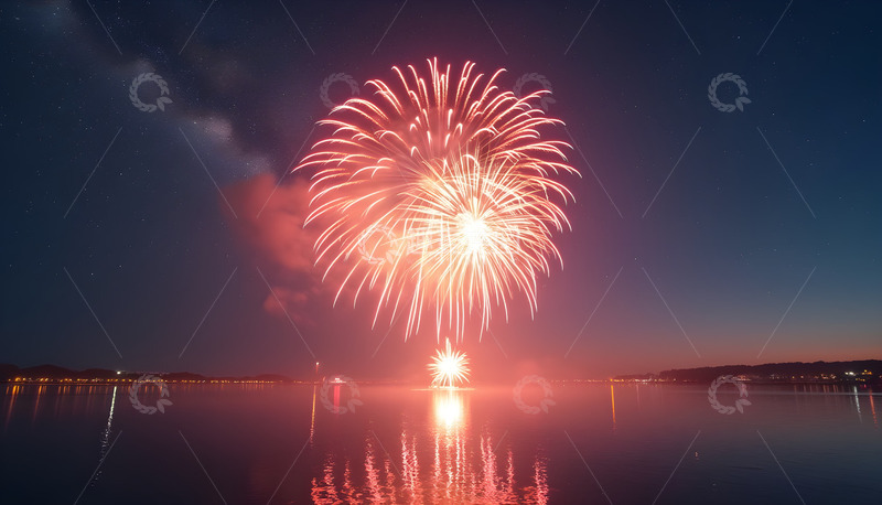 高清大图下载【趣麦麦图】夜晚河心泛舟烟花