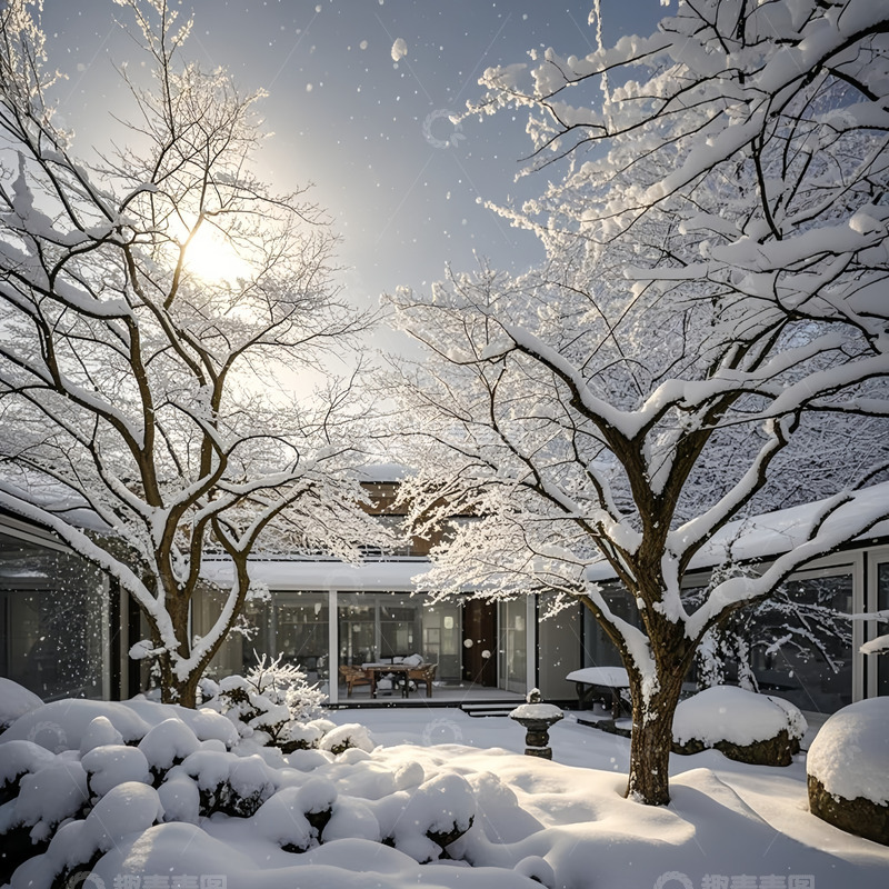 高清大图下载【趣麦麦图】夕阳落雪庭院图