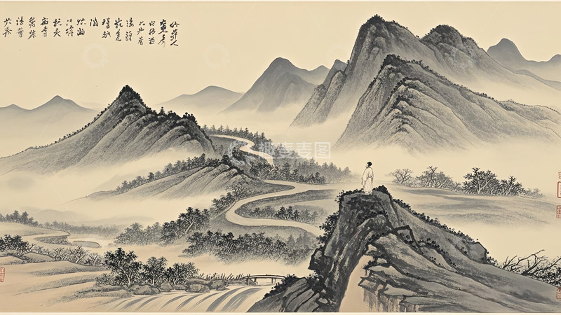 高清大图下载【趣麦麦图】山径水墨书法图