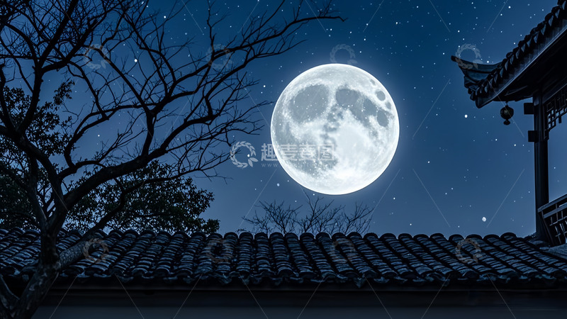 高清大图下载【趣麦麦图】夜晚屋顶圆月