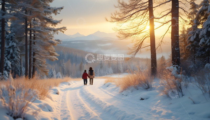 高清大图下载【趣麦麦图】余晖夕阳母子