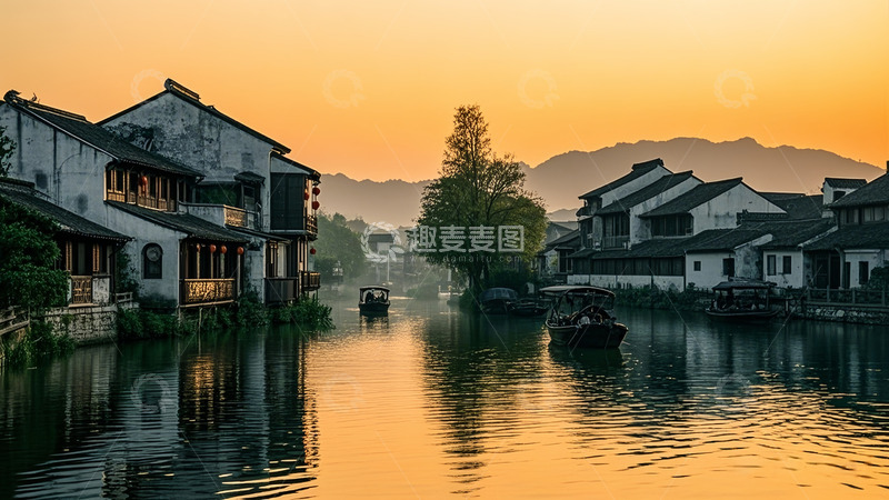 高清大图下载【趣麦麦图】晚霞满天江南