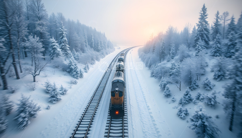 高清大图下载【趣麦麦图】森林中的雪地列车