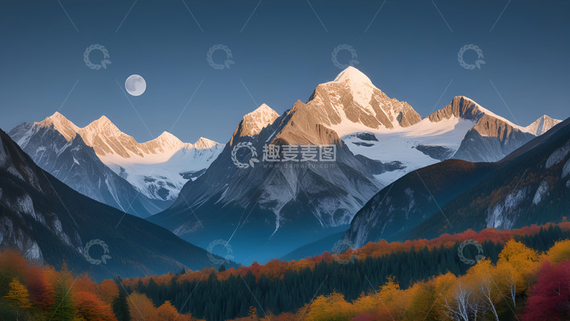 高清大图下载【趣麦麦图】秋季下的雪山月