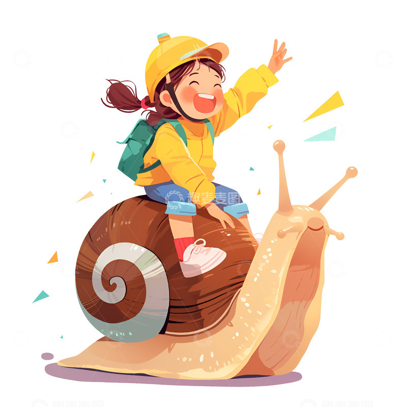 高清大图下载【趣麦麦图】卡通简约骑着蜗牛的小孩