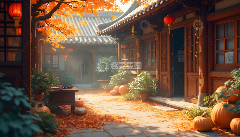 高清大图下载【趣麦麦图】金秋庭院落叶图
