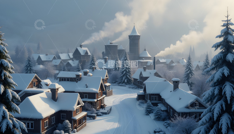 高清大图下载【趣麦麦图】冬季清晨炊烟