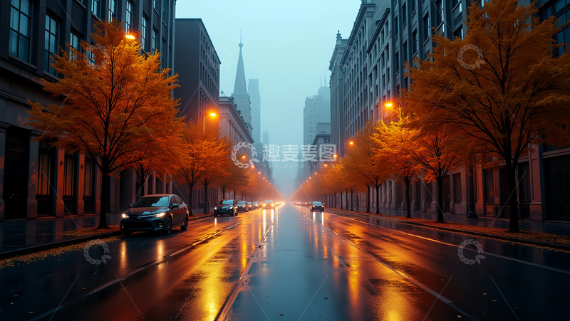 高清大图下载【趣麦麦图】秋季下的雨后红叶