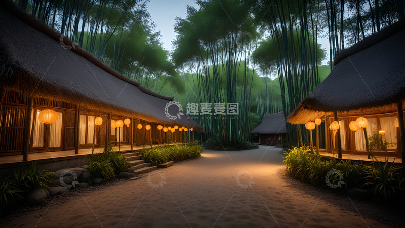 高清大图下载【趣麦麦图】竹林中的灯光茅屋