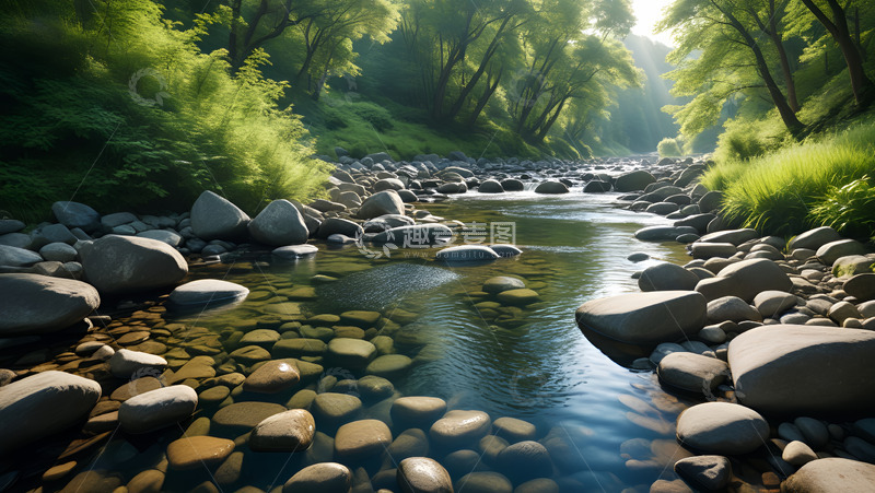 高清大图下载【趣麦麦图】林间卵石溪流