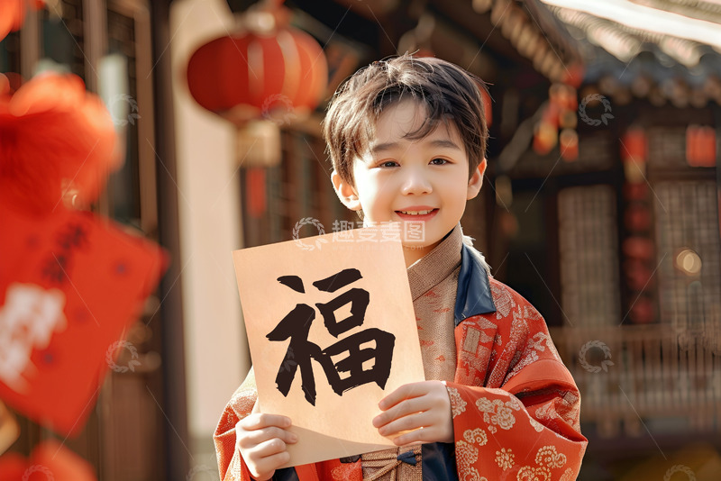 高清大图下载【趣麦麦图】过新年拿着对联的小孩