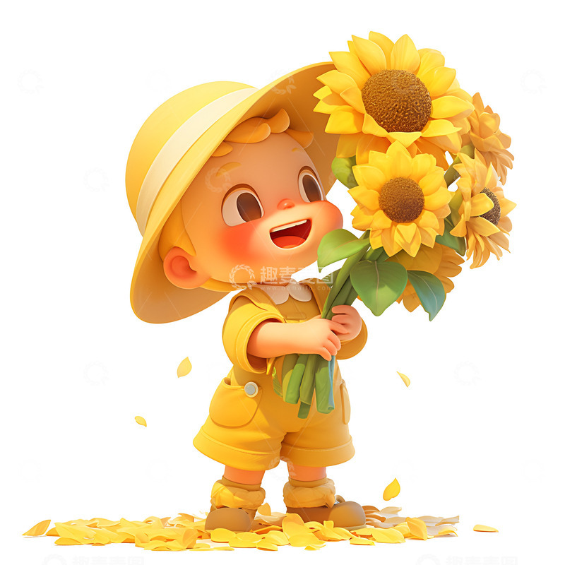 高清大图下载【趣麦麦图】卡通拿着向日葵的小孩