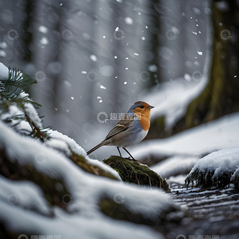 高清大图下载【趣麦麦图】冬季溪边的麻雀