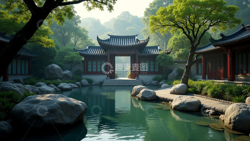 高清大图下载【趣麦麦图】江南水榭庭院