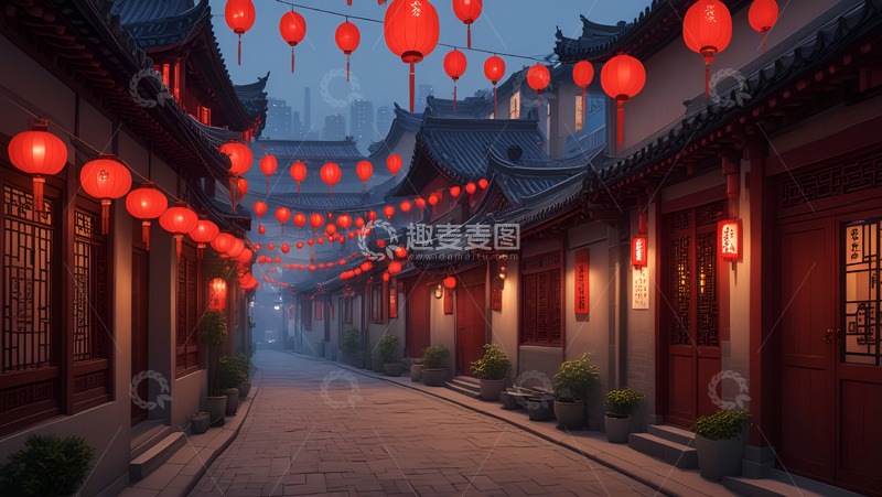 高清大图下载【趣麦麦图】清晨节日小巷