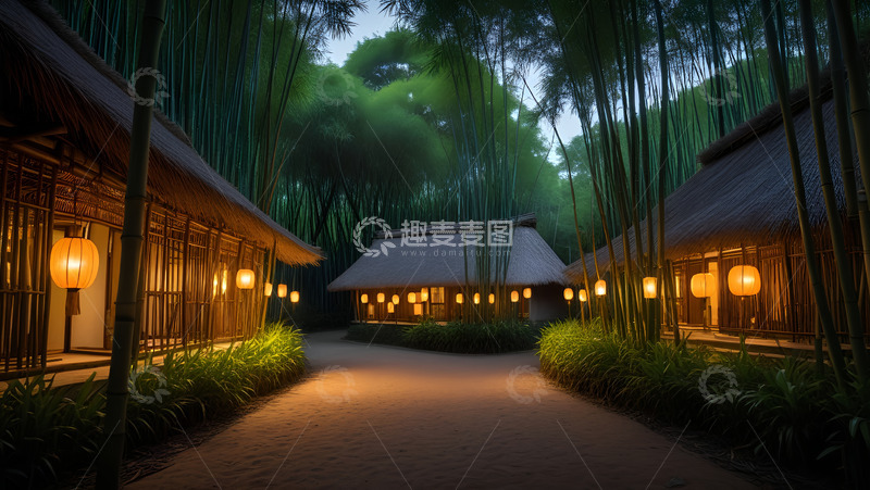 高清大图下载【趣麦麦图】傍晚的竹林茅屋