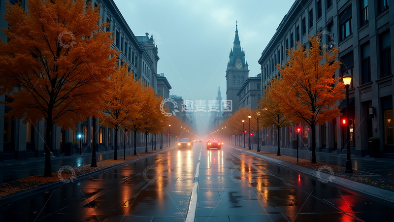 高清大图下载【趣麦麦图】雨后红叶街道