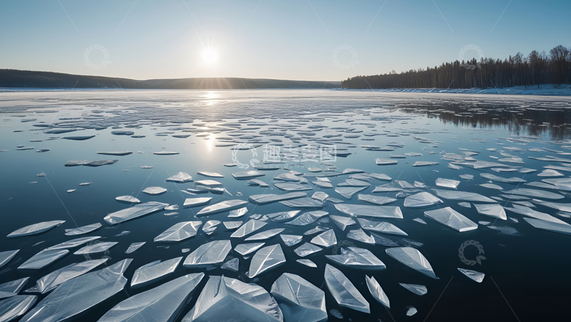 初春湖面上的碎冰